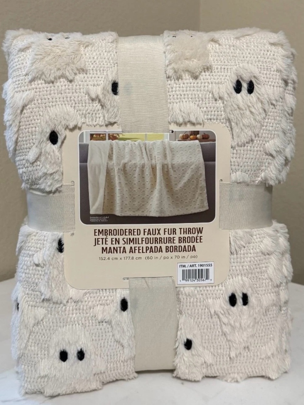 Embroidered Faux Fur Ghost Throw Blanket - White